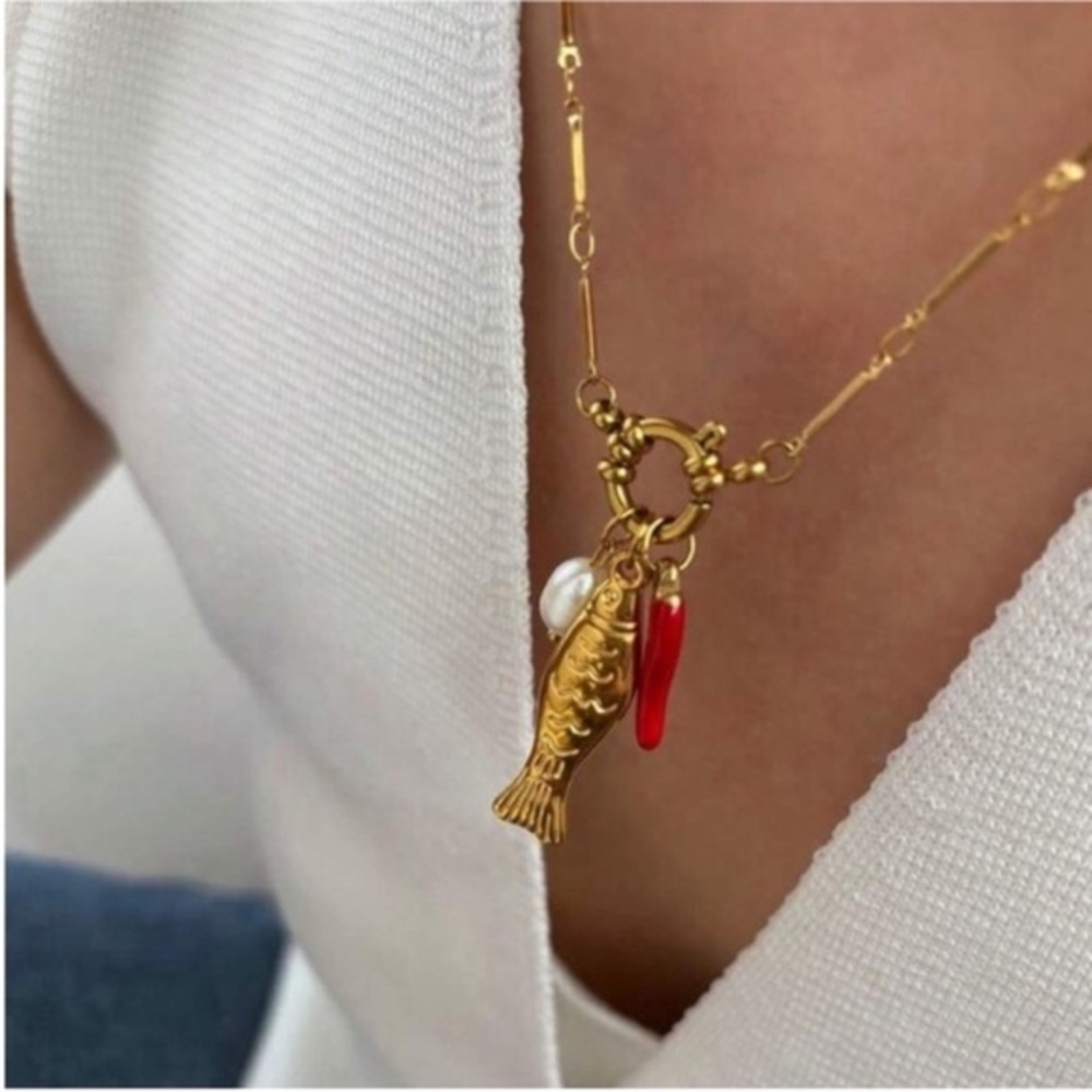 New! Anthropologie Fish Charm Gold Necklace pearl chili spicy pepper